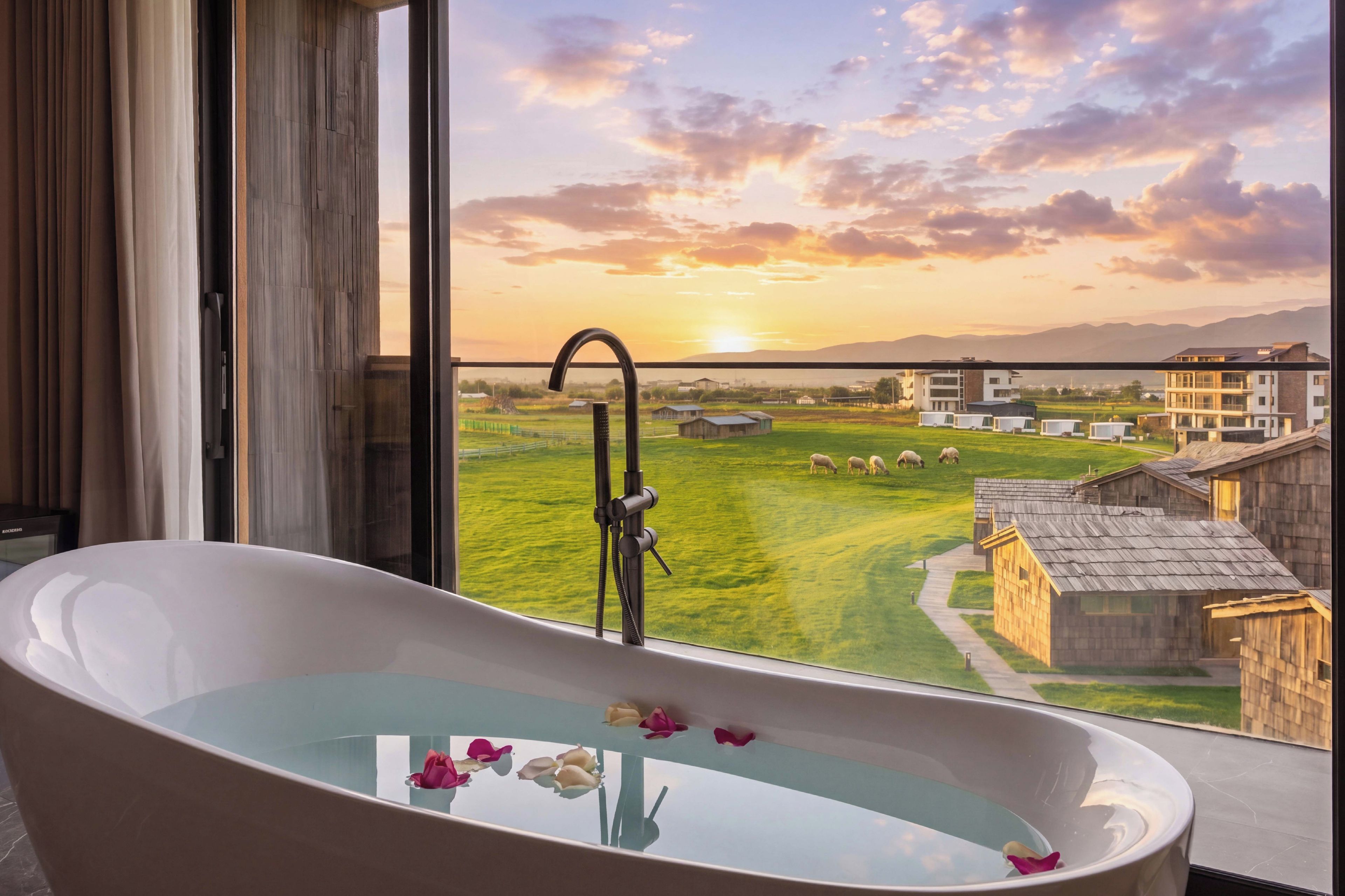 A bathroom with a freestanding bathtub, a window with a view of a green field and buildings, and a showerhead.