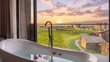 A bathroom with a freestanding bathtub, a window with a view of a green field and buildings, and a showerhead.