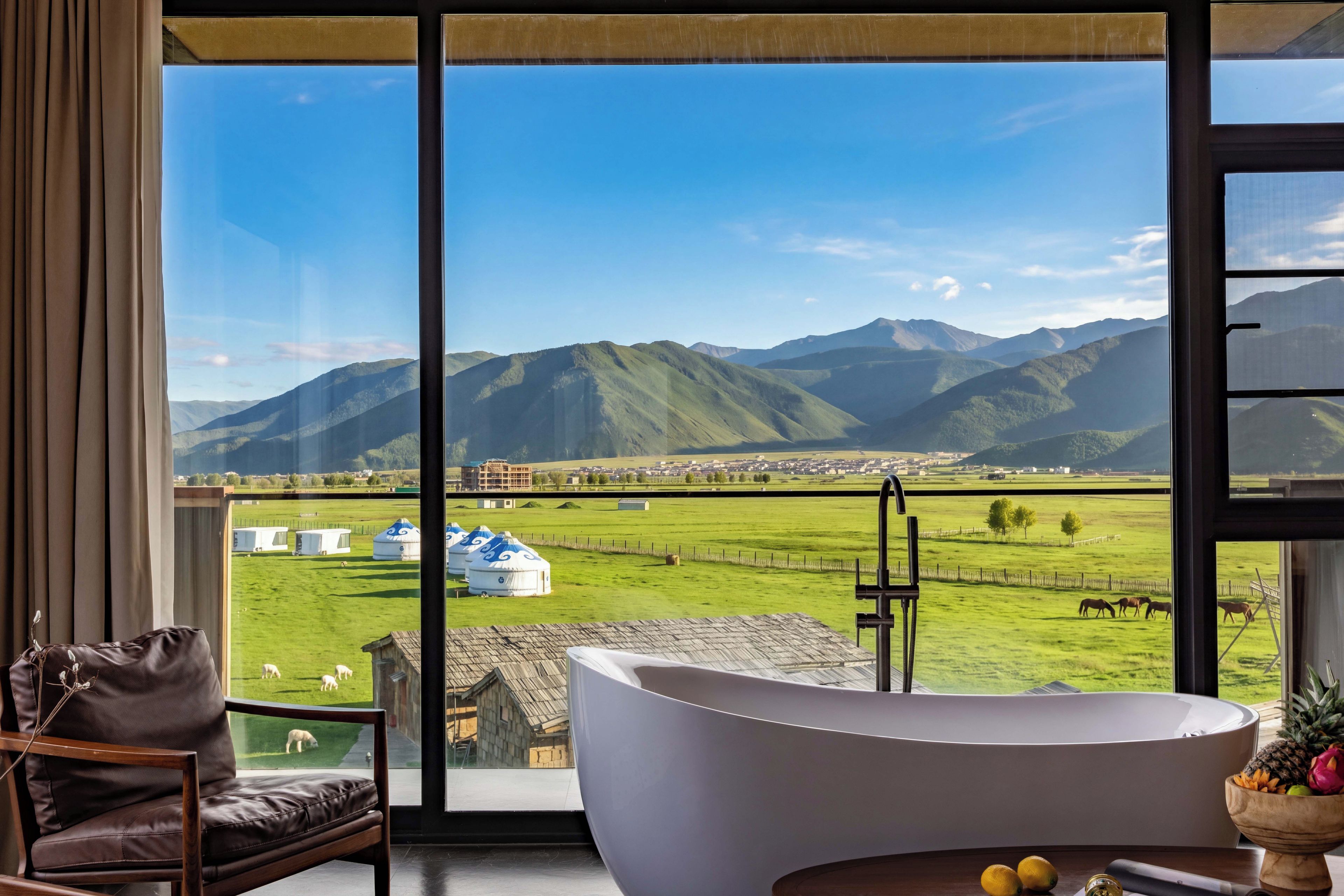 A room with a large window offering a view of a green field, mountains, and a white building.