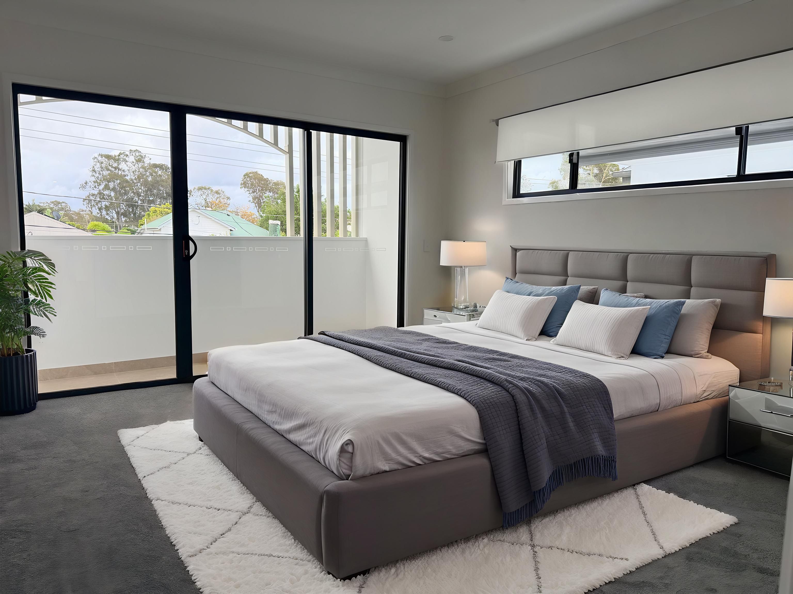 Quarto moderno com uma cama grande, duas mesas de cabeceira e vista por uma porta de correr.
