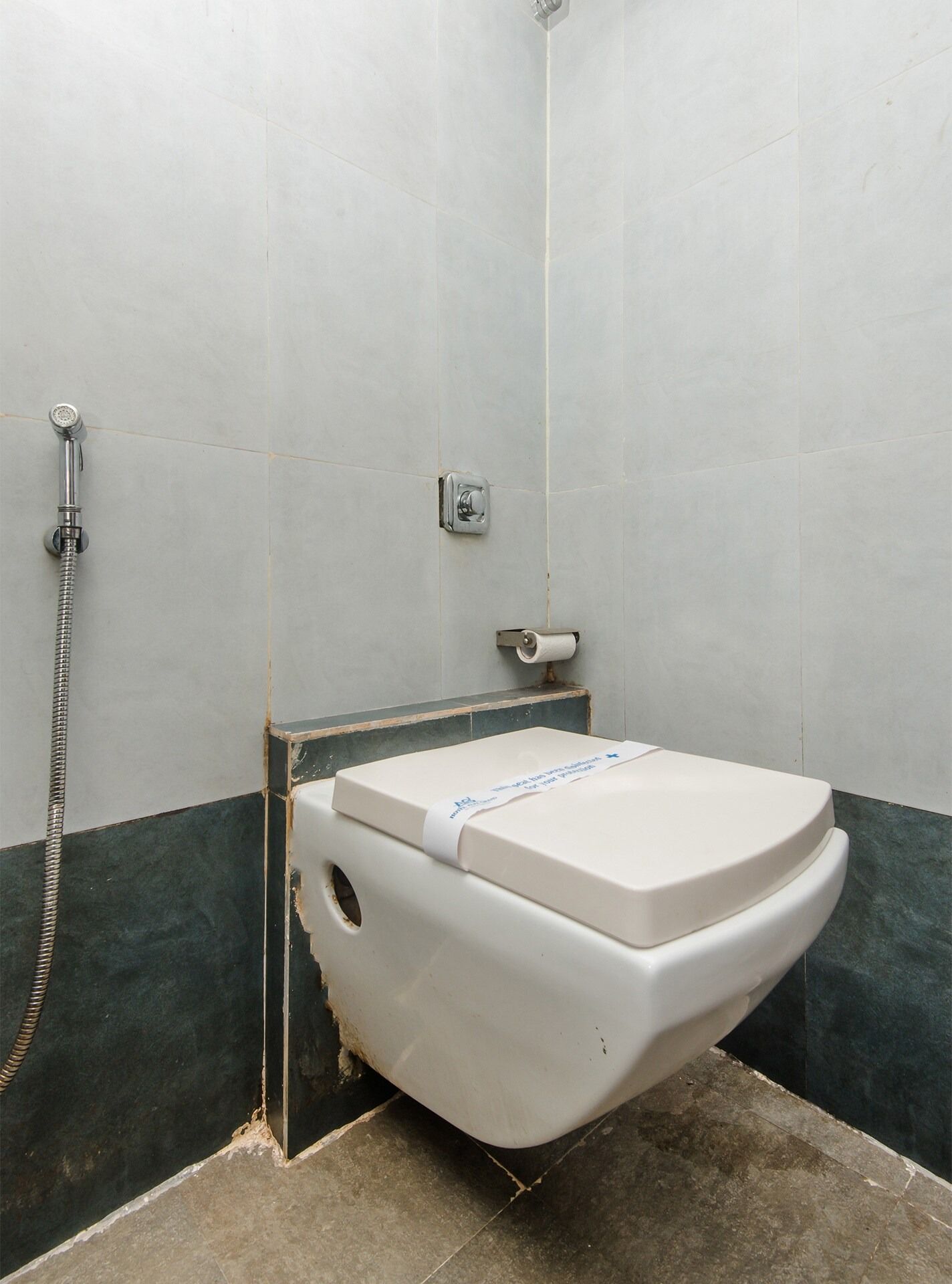 A bathroom with a white toilet, a shower, and a towel rack.