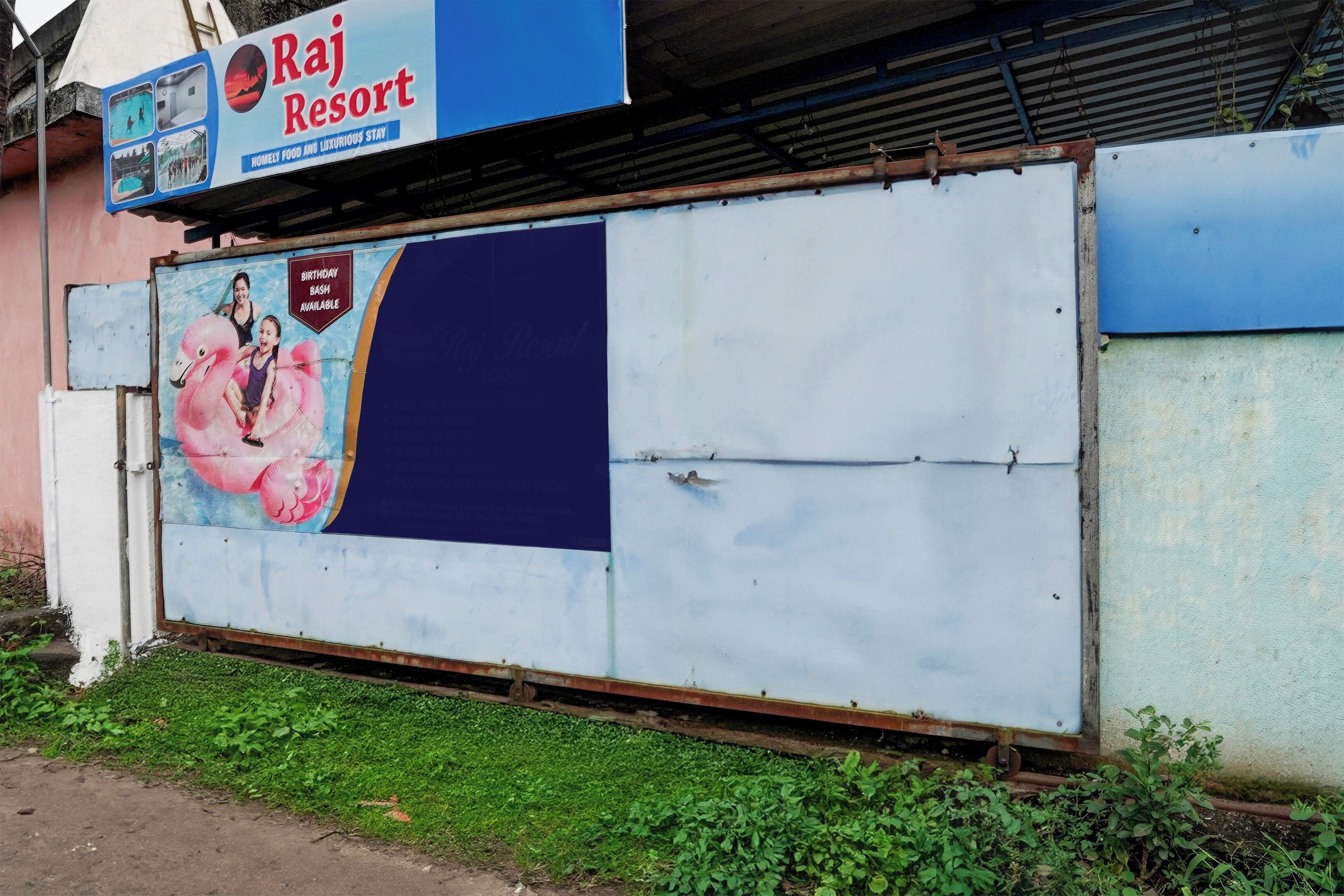 A large billboard advertising Raj Resort with a prominent image of a woman and a child on a pink flamingo float.