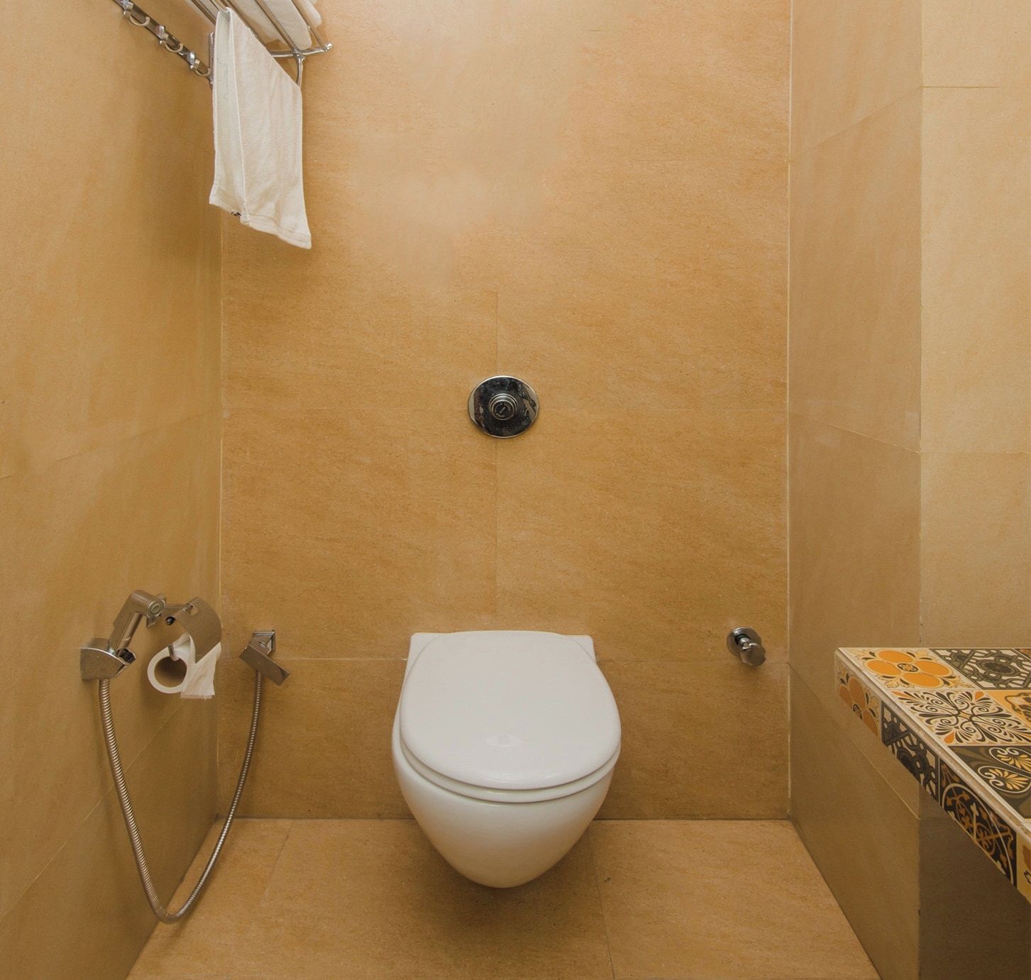 A bathroom with a white toilet, a shower with a handheld showerhead, and a towel rack.
