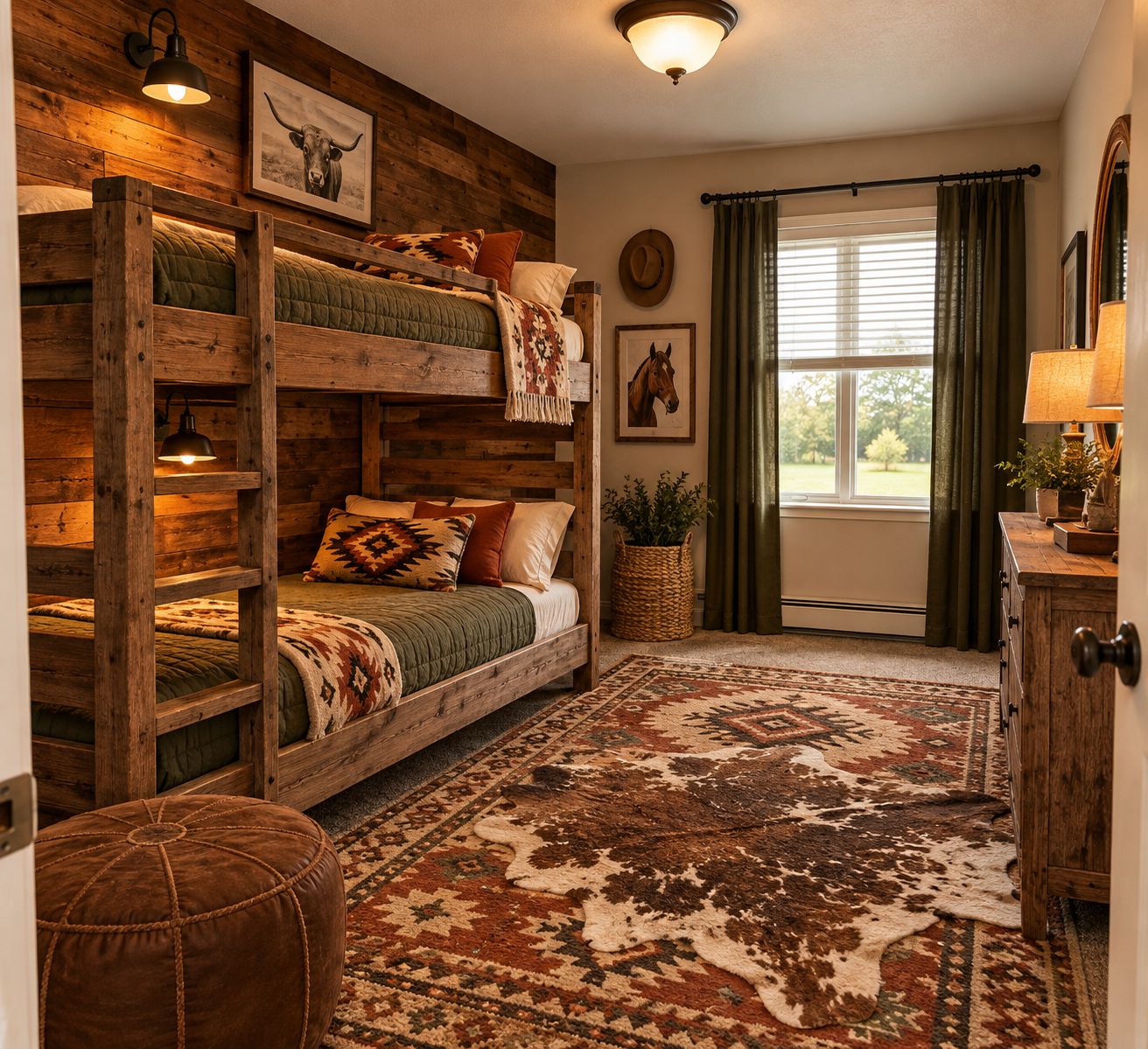 A rustic bedroom with a bunk bed, a large patterned rug, and a window with curtains.