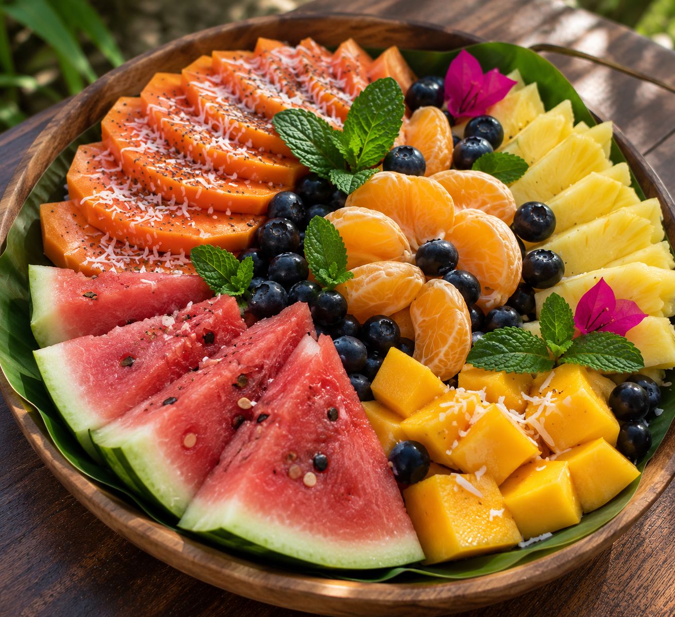 Un plateau de fruits en bois garni de pastèque, de mangue, d’ananas, d’oranges et de myrtilles.