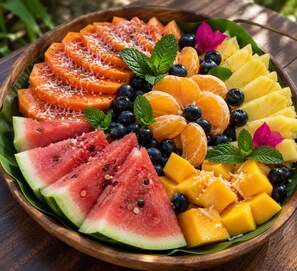 Un plateau de fruits en bois garni de pastèque, de mangue, d’ananas, d’oranges et de myrtilles.