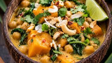 A bowl of curry with chickpeas, spinach, and cashews, garnished with cilantro and a lime wedge.