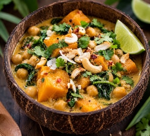 A bowl of curry with chickpeas, spinach, and cashews, garnished with cilantro and a lime wedge.