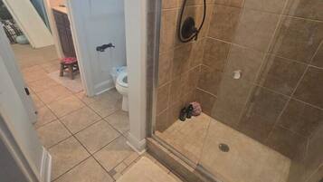 A shower with a glass door, a toilet, and a small stool in the background.