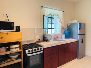A kitchen with a stove, microwave, refrigerator, and a window with curtains. - Minutes to Tourist Attractions, Hospital Zone, Airport, ADO, Stores, Restaurants (Mérida)