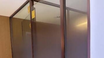 A sliding door with a metallic handle and a glass panel.