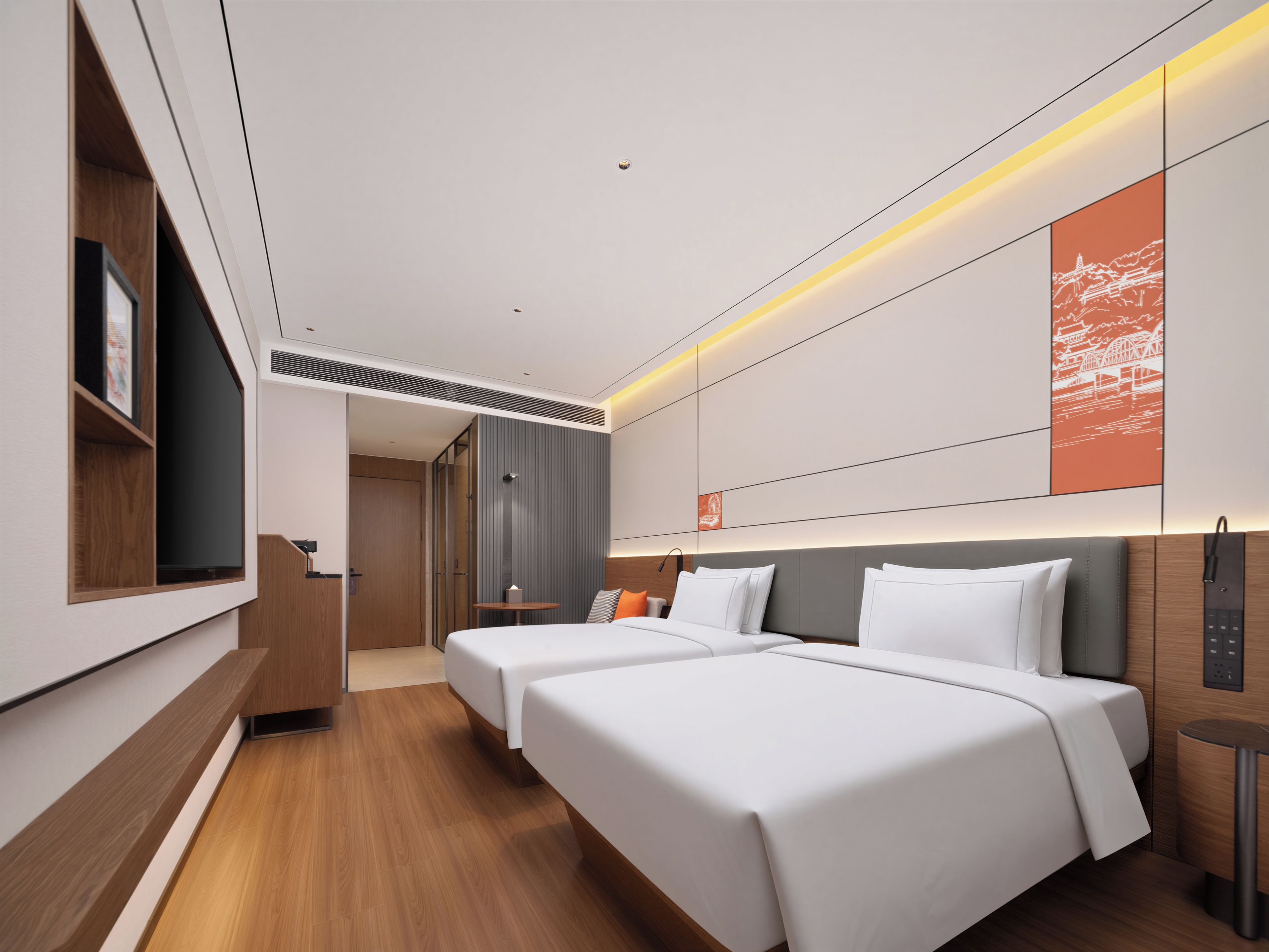 Habitación de hotel moderna con dos camas, piso de madera, televisor integrado y una obra de arte colgada en la pared.