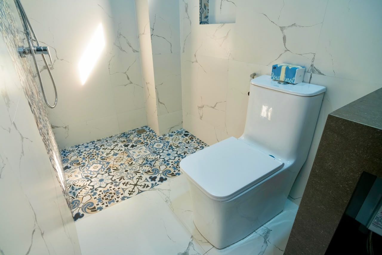 A bathroom with a shower, toilet, and patterned floor tiles.