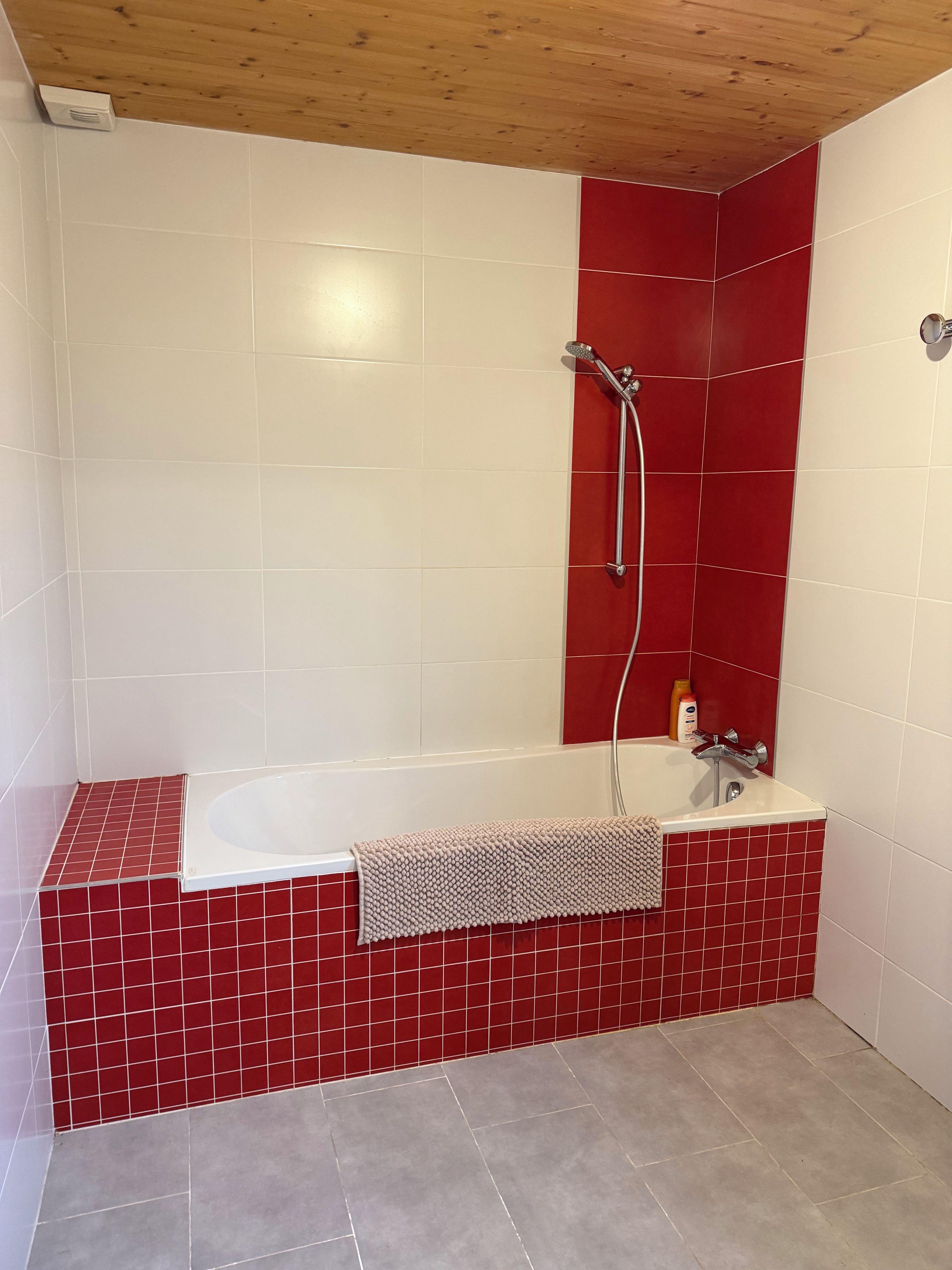 Une salle de bain avec une baignoire blanche, des murs recouverts de carreaux rouges et un sol gris.