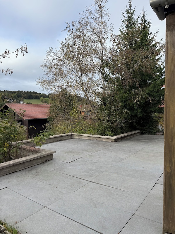 A rooftop terrace with a view of a forested hillside, a small building with a red roof, and a wooden structure on the right.