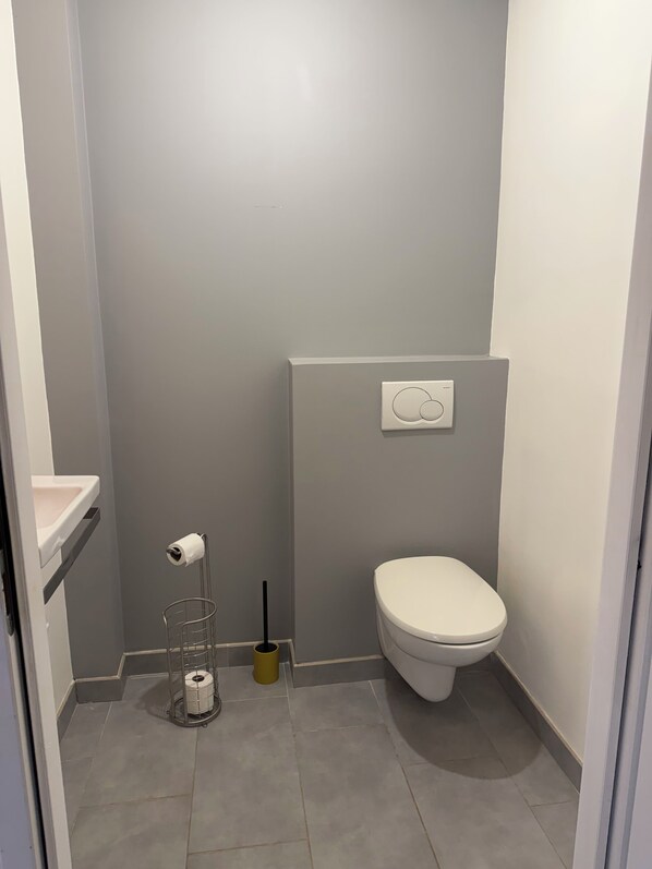 Une petite salle de bain propre, avec des toilettes, un porte-rouleau de papier toilette et une ventouse posée sur le sol.