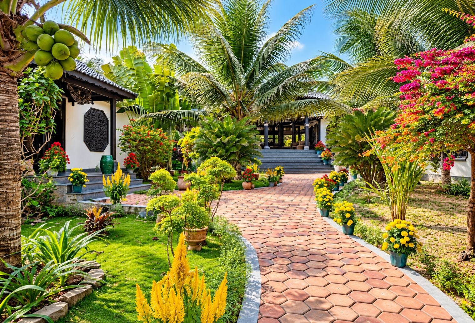 Caminho em um jardim tropical que leva a um edifício tradicional com telhado de azulejos e parede decorativa.