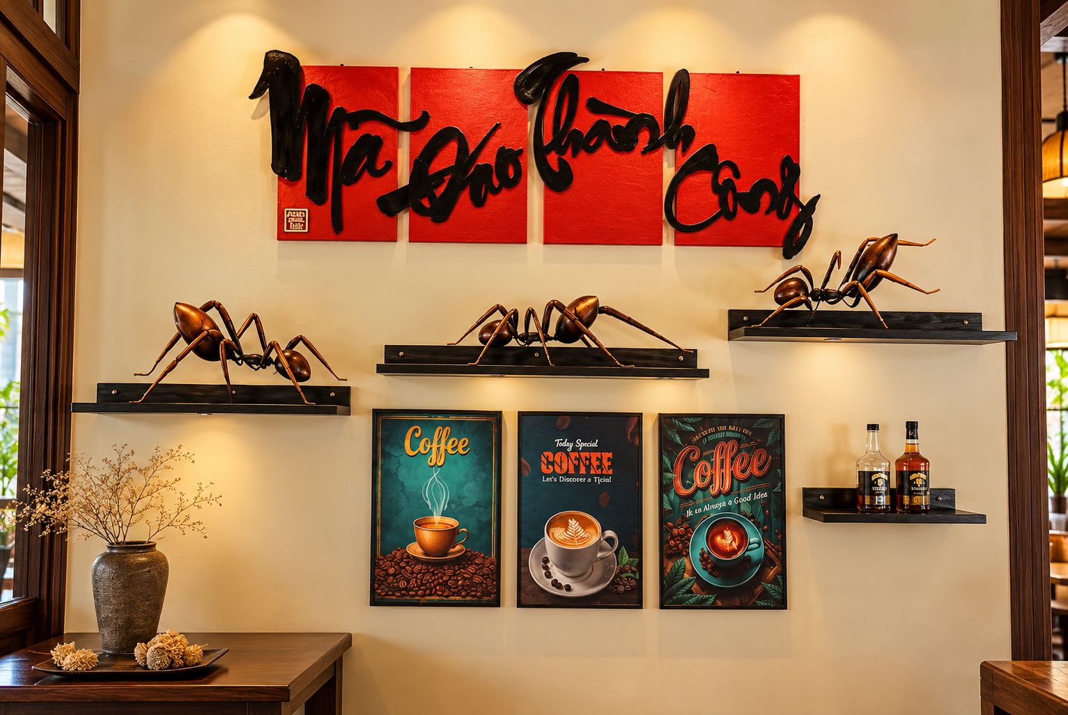 Paredes com três painéis vermelhos exibindo a inscrição 'Mr. Bean Coffee' e três esculturas de formigas em prateleiras abaixo.