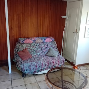 Una habitación con un sofá estampado frente a una pared de madera, una mesa de vidrio y una puerta blanca.