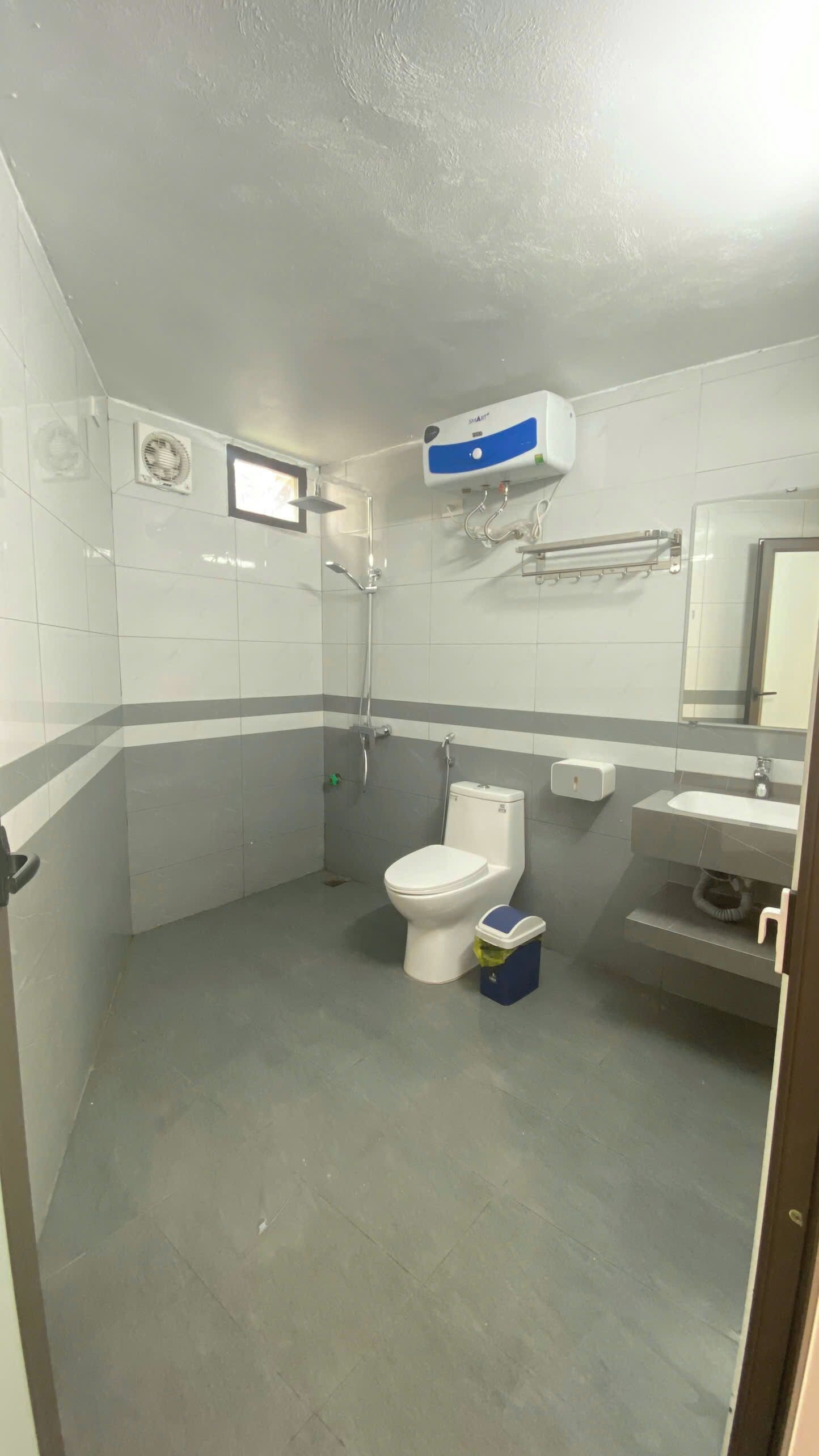 Un baño con inodoro, ducha, lavamanos y espejo.