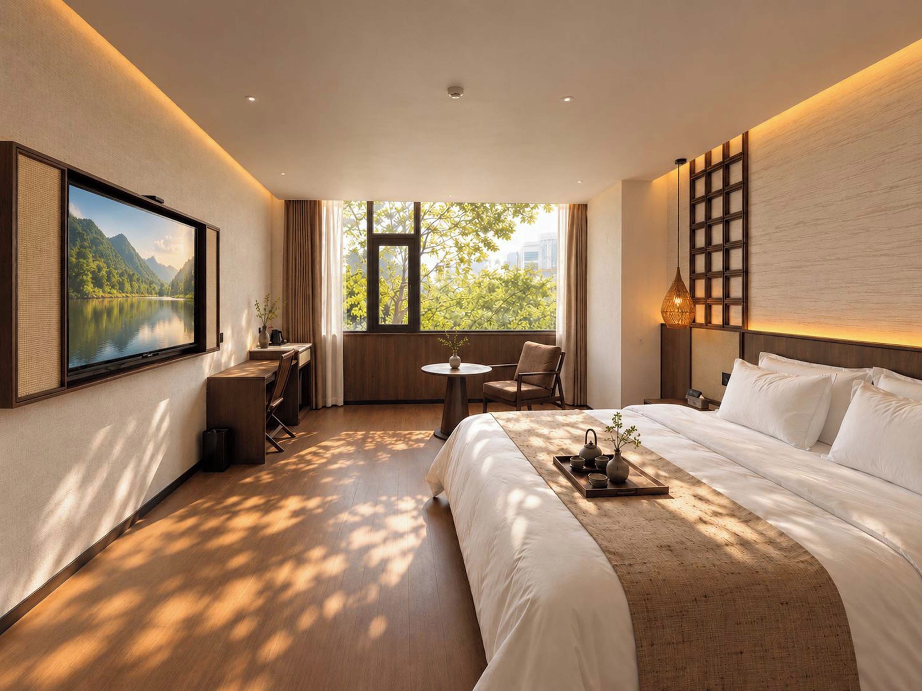 A hotel room with a bed, a desk, a chair, a TV, and a window with a view of greenery.