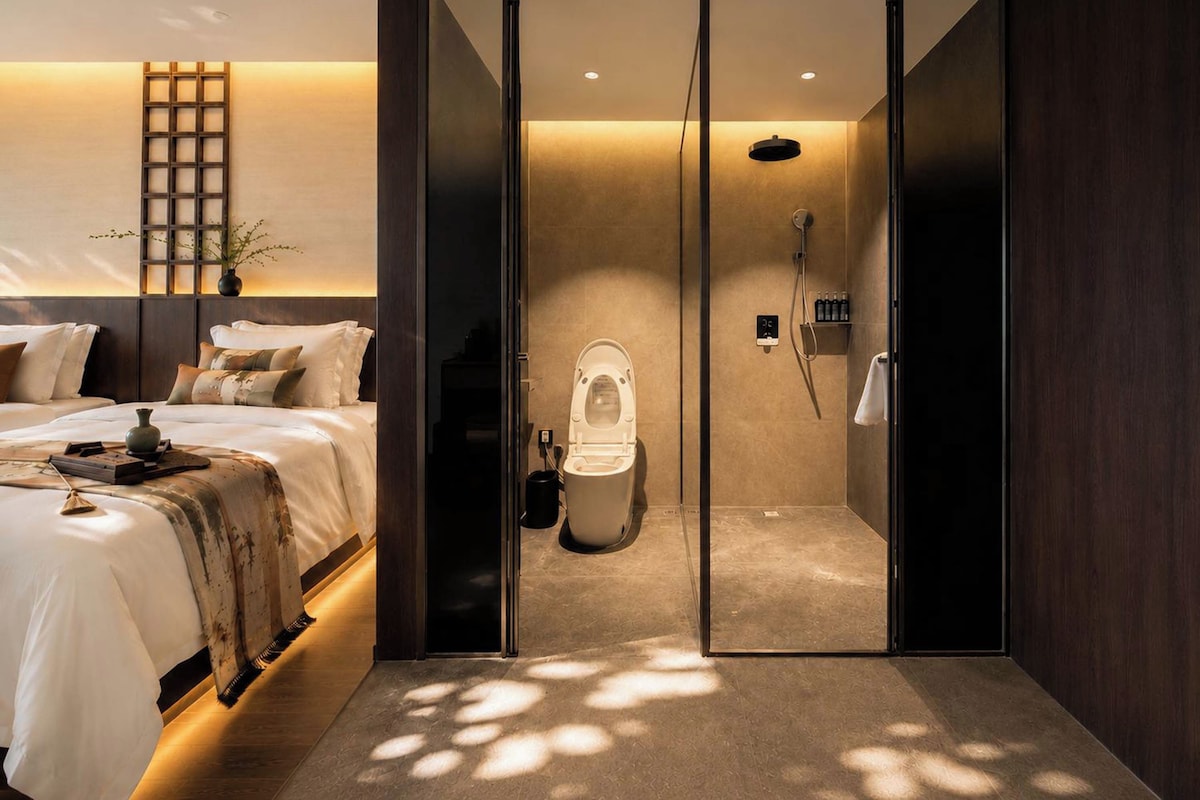 Een moderne slaapkamer met een groot bed, een nachtkastje en een bedtafel.