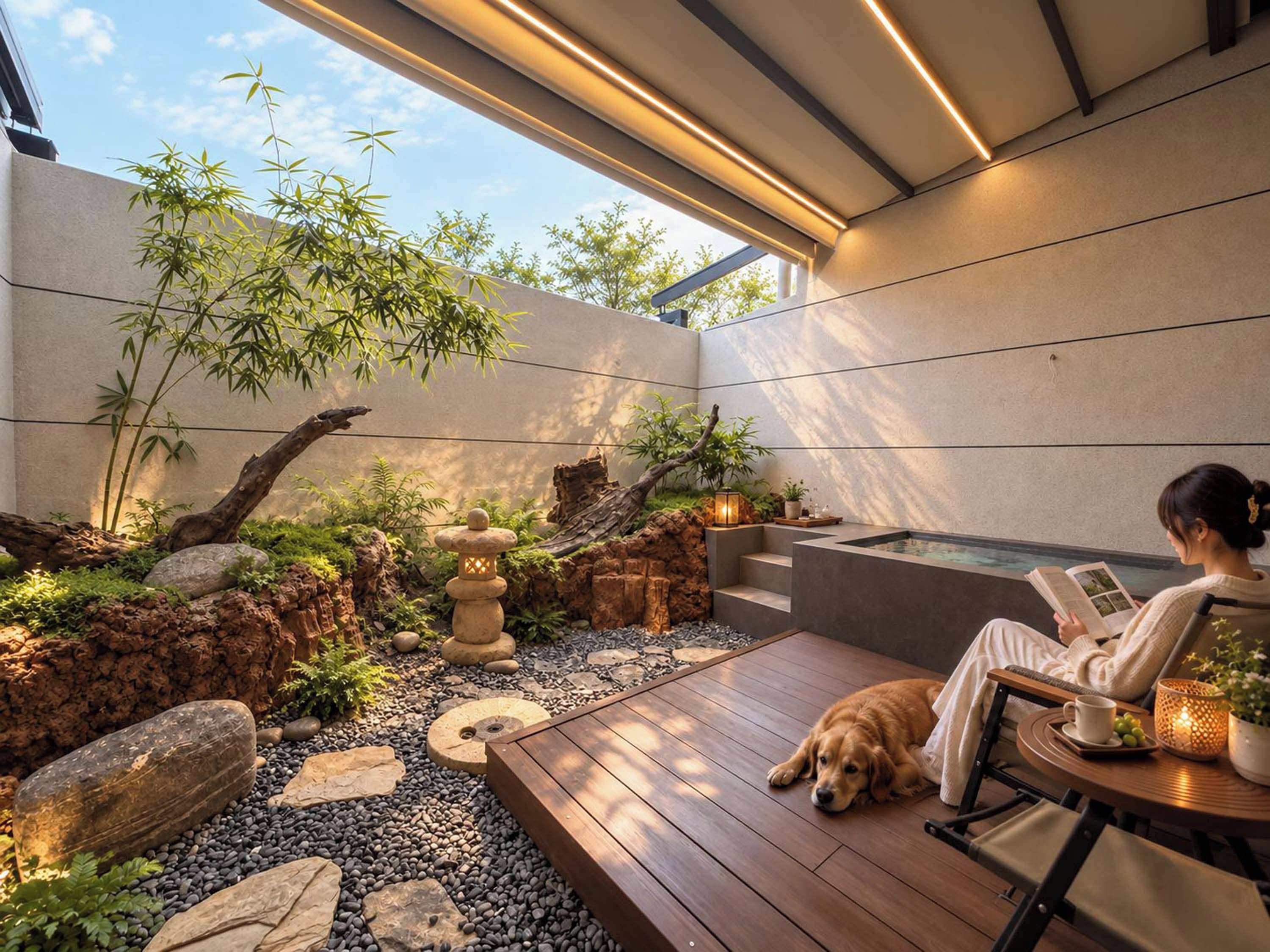 Een modern buitenterrein met zitgedeelte, een hond, iemand die leest en een kleine waterpartij.