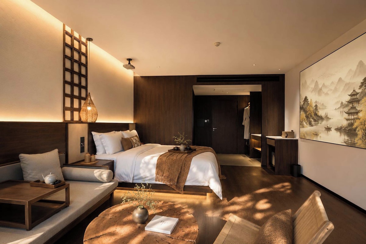 Een moderne hotelkamer met een groot bed, een bank, een houten salontafel en een stoel. Er hangt een schilderij aan de muur en een deur leidt naar de badkamer.