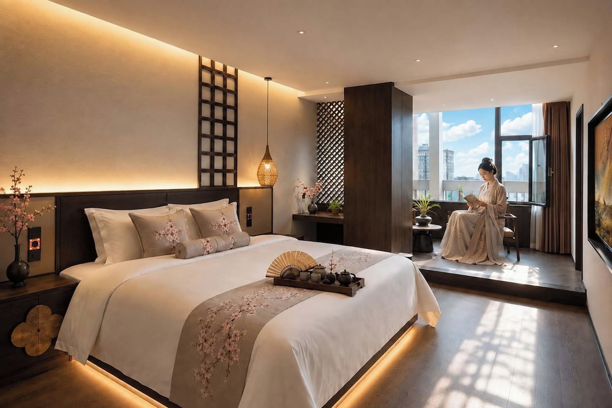 Een moderne hotelkamer met een groot bed, uitzicht op de stad en een balkon waar iemand leest.