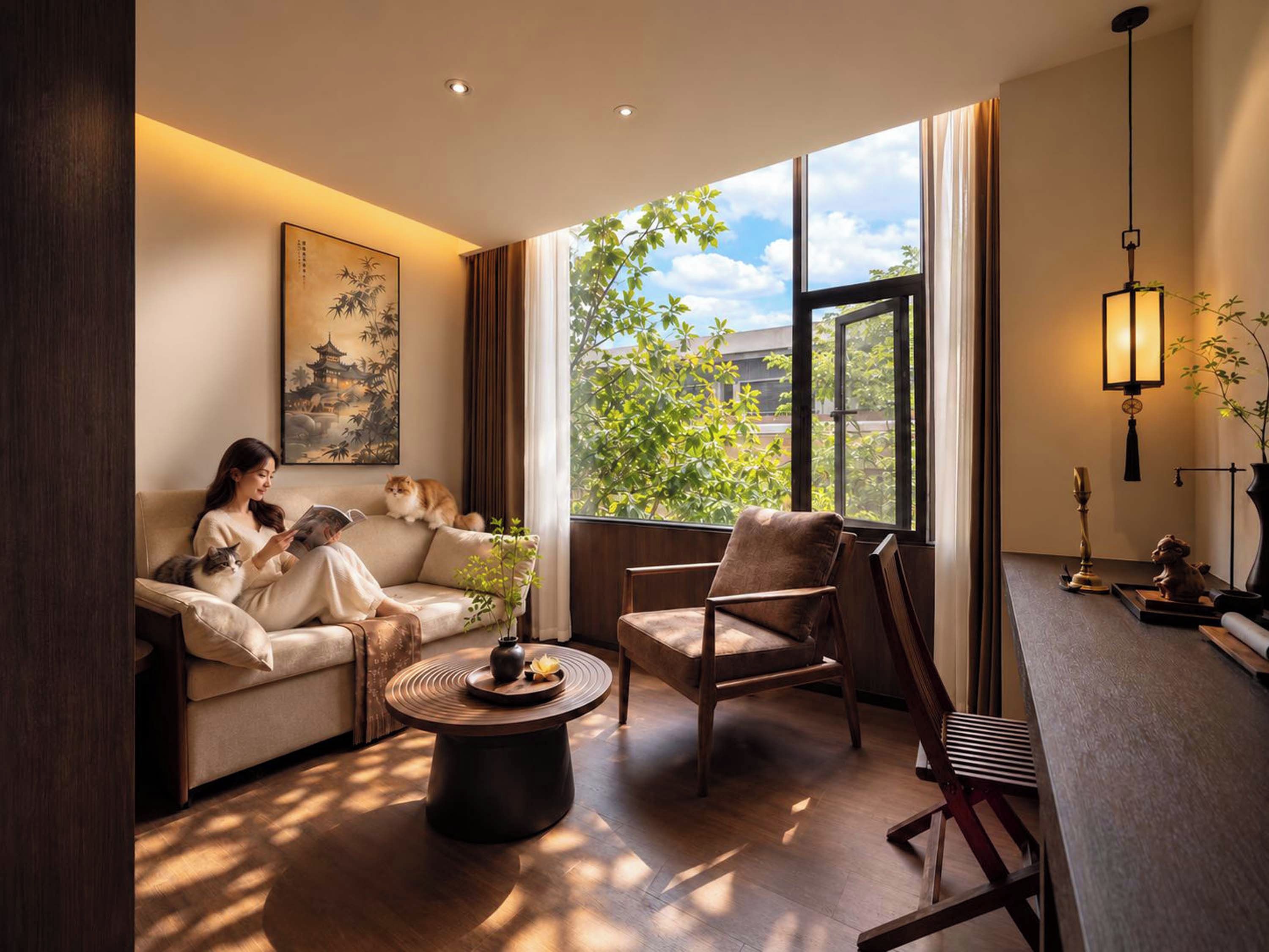 A modern living room with a sofa, armchairs, a coffee table, and a large window providing a view of greenery and buildings.