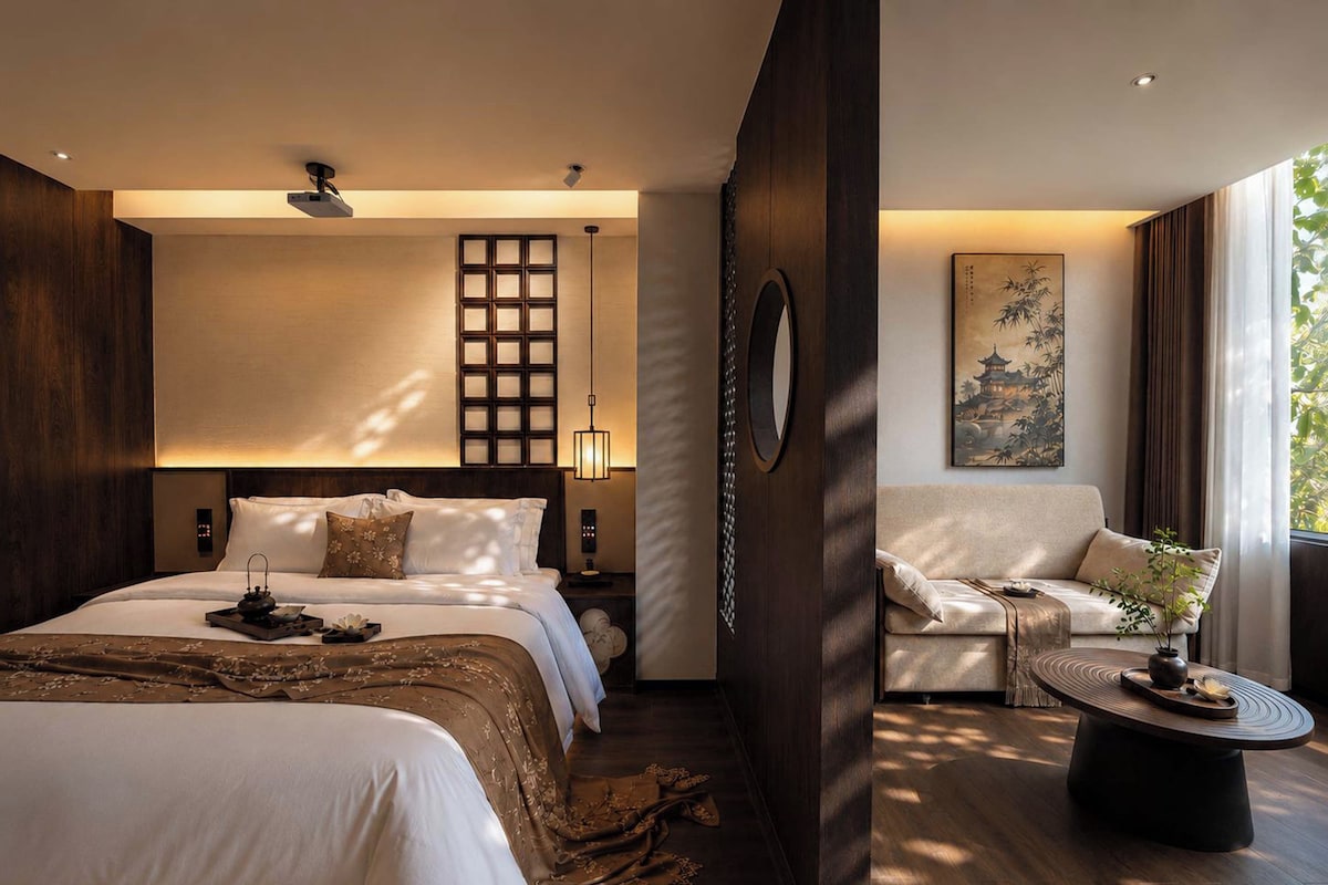 Een hotelkamer met een groot bed, een zithoek met een stoel en een tafel, en een groot raam met uitzicht.