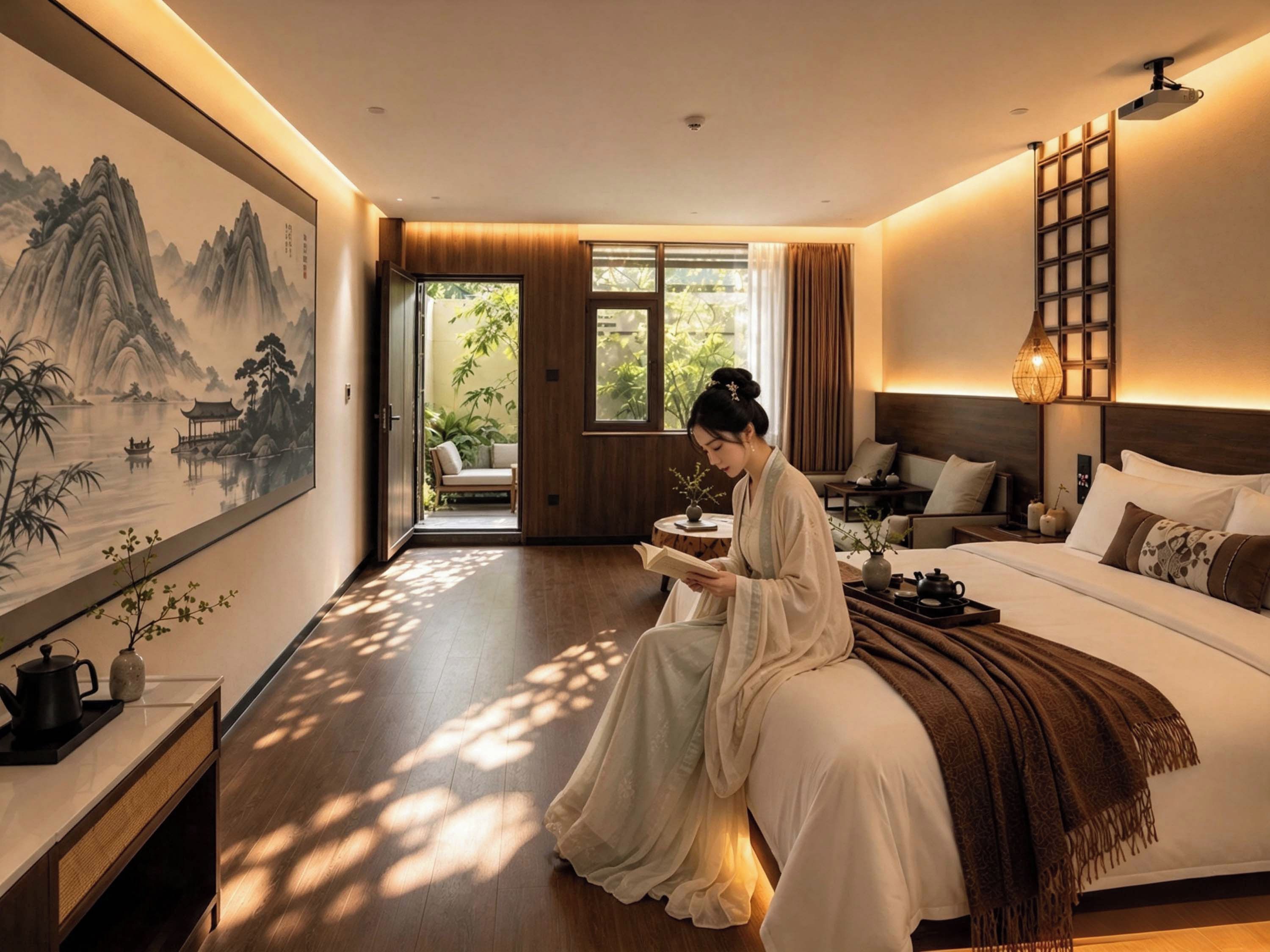 A hotel room with a bed, a reading area, a painting, and a view of the outdoors.