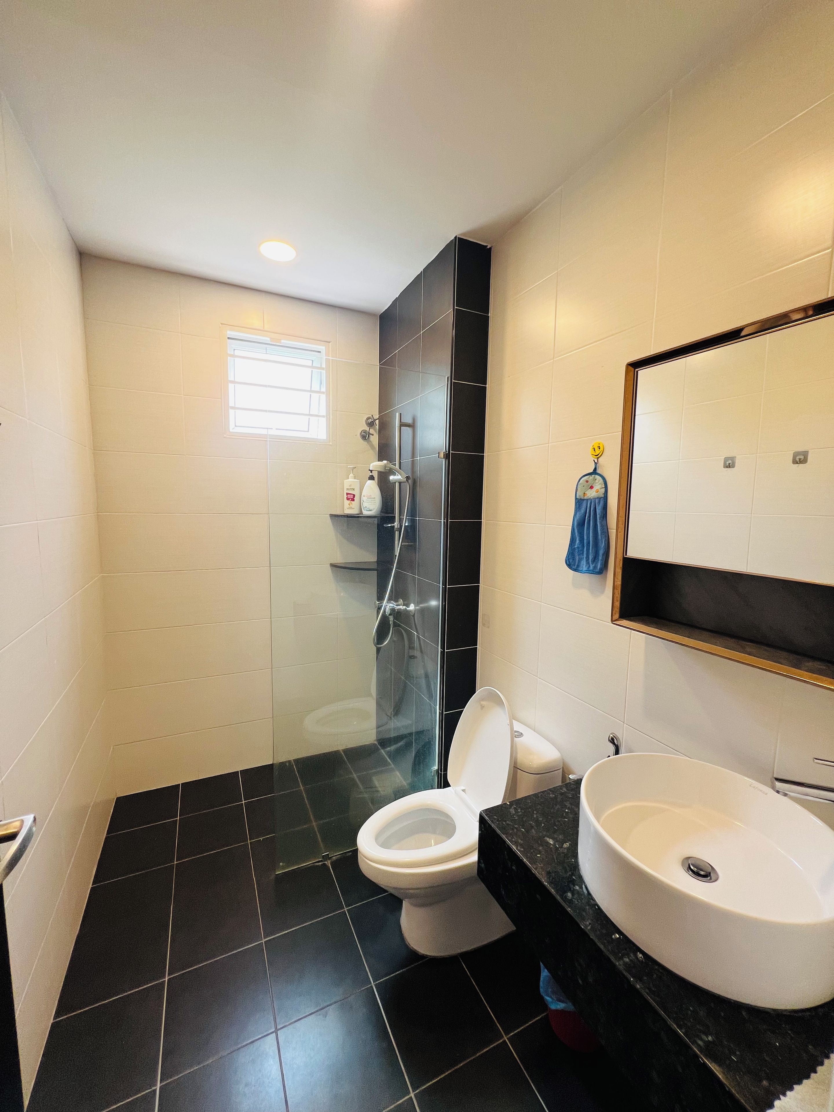 Un baño con inodoro, lavabo y zona de ducha.
