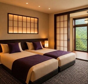 A hotel room with two beds, a large window, and a traditional sliding door. - SANDANKYO HOTEL NAMPO (Akiōta)