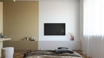A modern bedroom with a bed, a mounted TV, bedside tables, and a radiator.