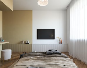 A modern bedroom with a bed, a mounted TV, bedside tables, and a radiator. - MAIN Exclusive Apartments - Toledo (Napoli)