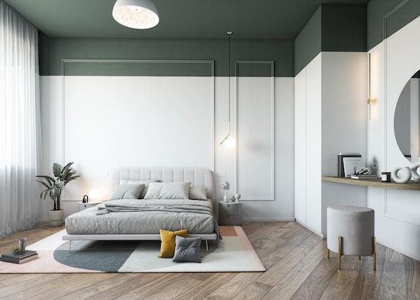 A modern bedroom with a bed, bedside tables, a mirror, and a plant. - MAIN Exclusive Apartments - Toledo (Napoli)