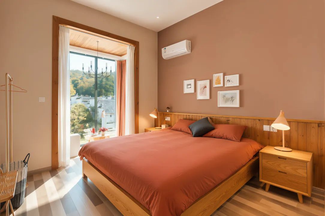 Un dormitorio con una cama grande, una mesita de noche, una lámpara, aire acondicionado instalado en la pared y cuadros enmarcados.