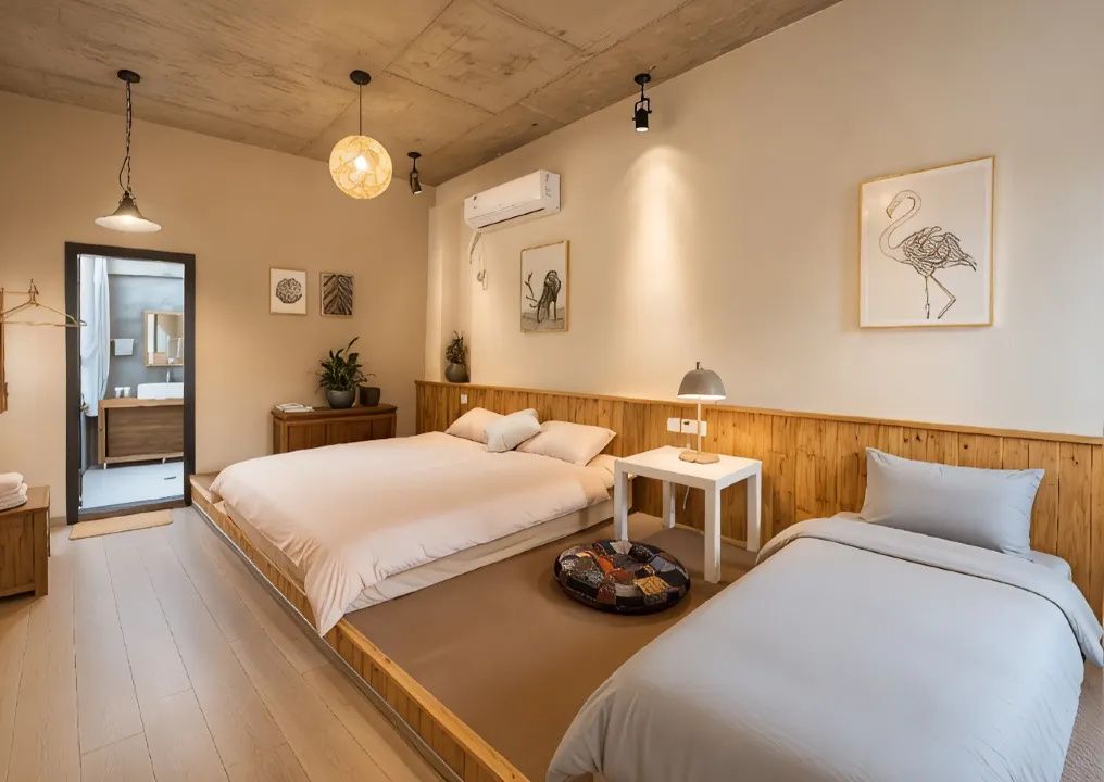 Quarto com duas camas, mesa de cabeceira, abajur e obra de arte na parede.