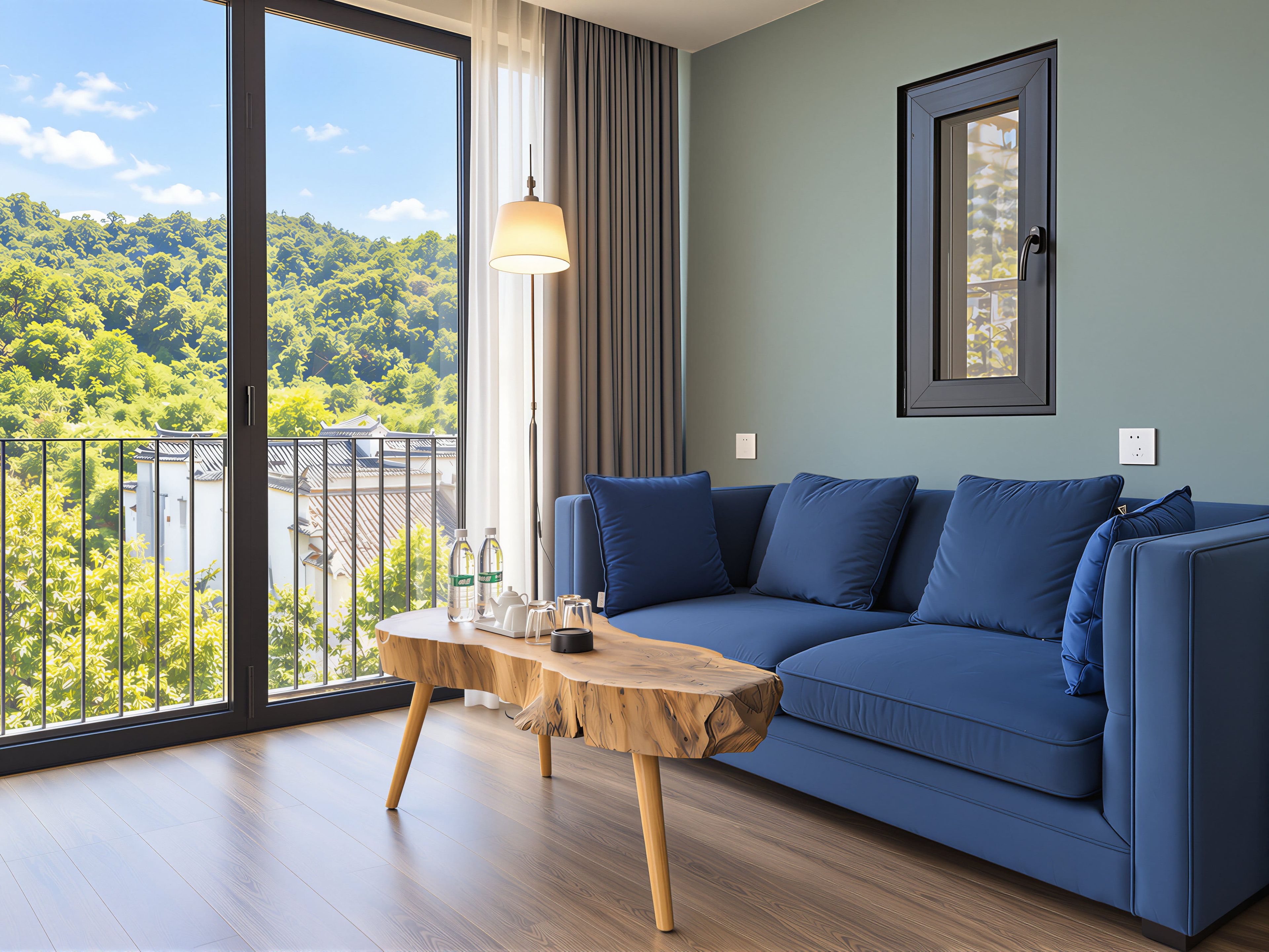 A modern living room with a blue sofa, a wooden coffee table, and a view of a green landscape through large windows.