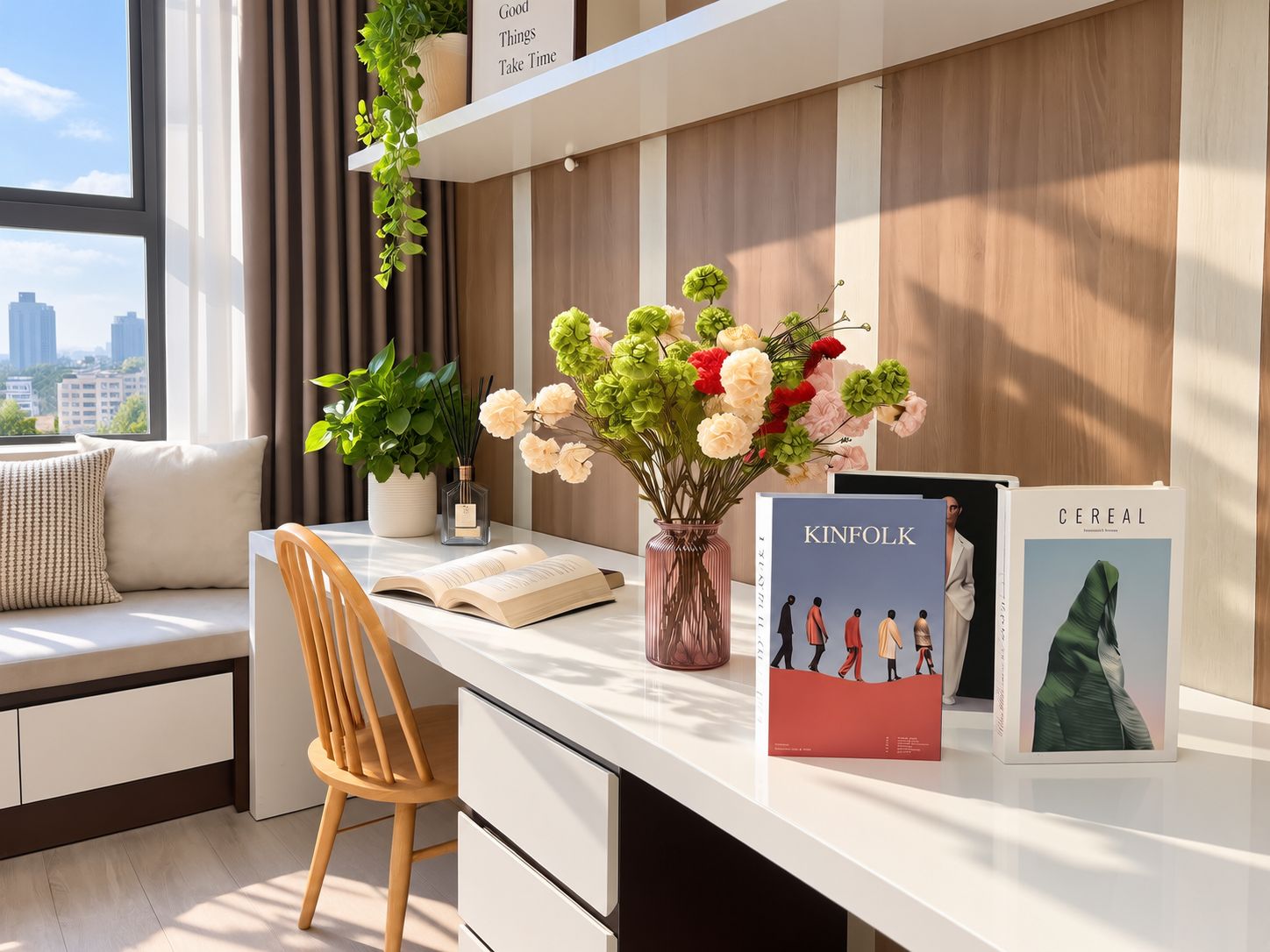 Ein moderner Schreibtisch mit Stuhl, einer Blumenvase, einem Buch mit dem Titel 'KINFOLK' und einer Müslischachtel.