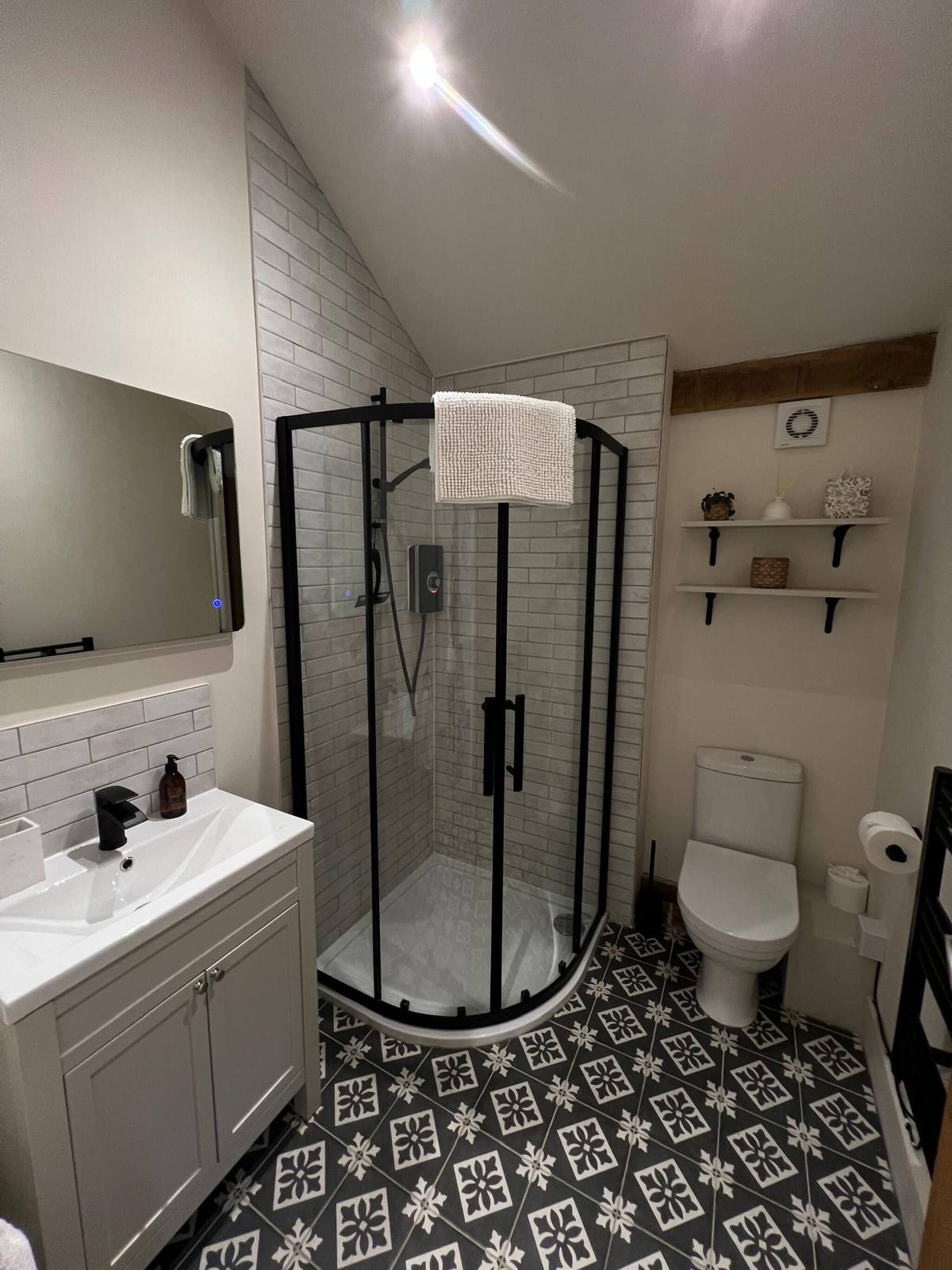 A bathroom with a glass-enclosed shower, a white toilet, and a sink with a mirror above it.