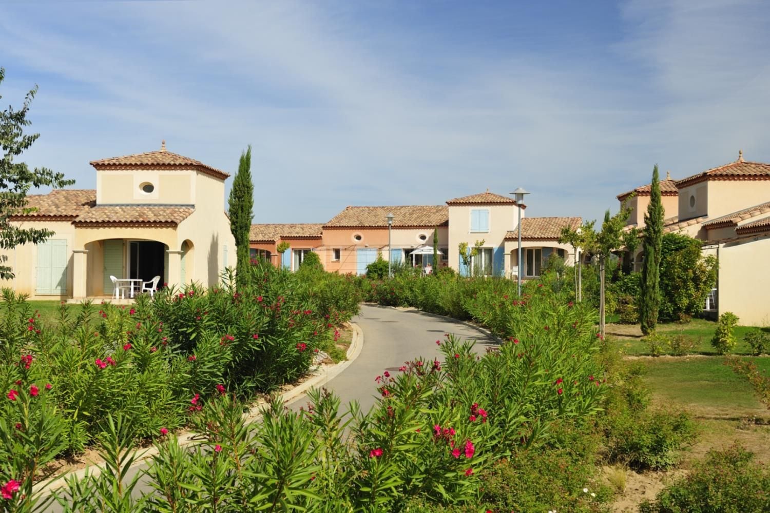A residential area with multiple houses, a paved pathway, and lush greenery.