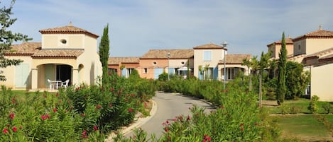 A residential area with multiple houses, a paved pathway, and lush greenery.