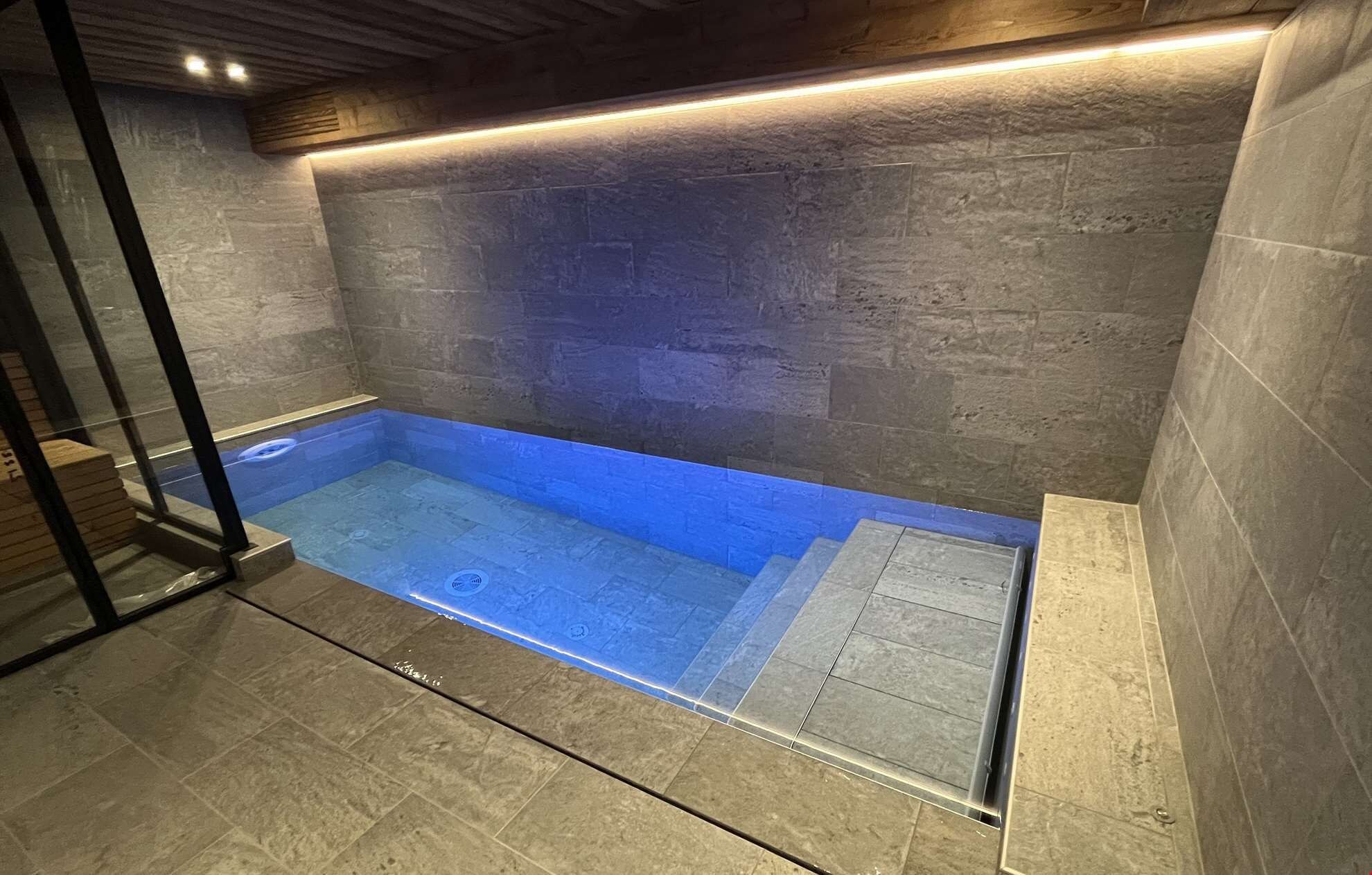 A modern bathroom with a glass-enclosed shower and a built-in bathtub.