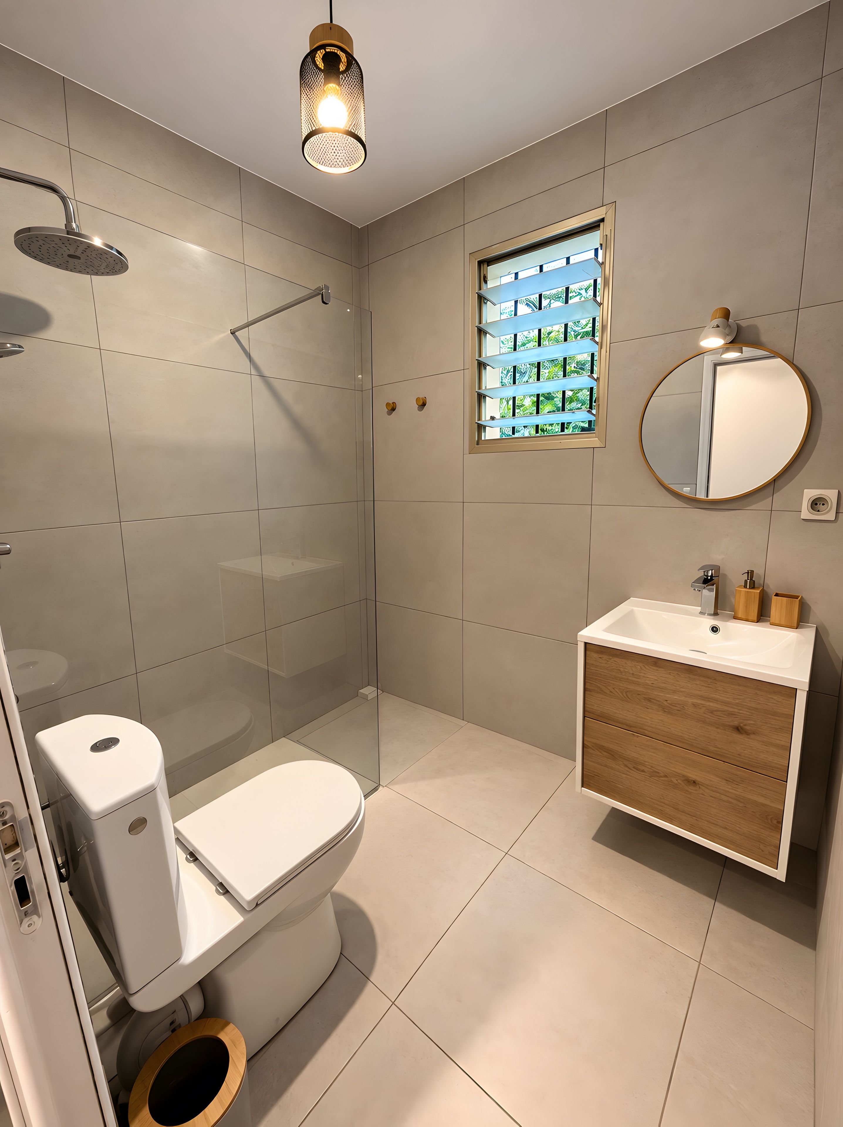 Un baño moderno con ducha, inodoro y tocador.