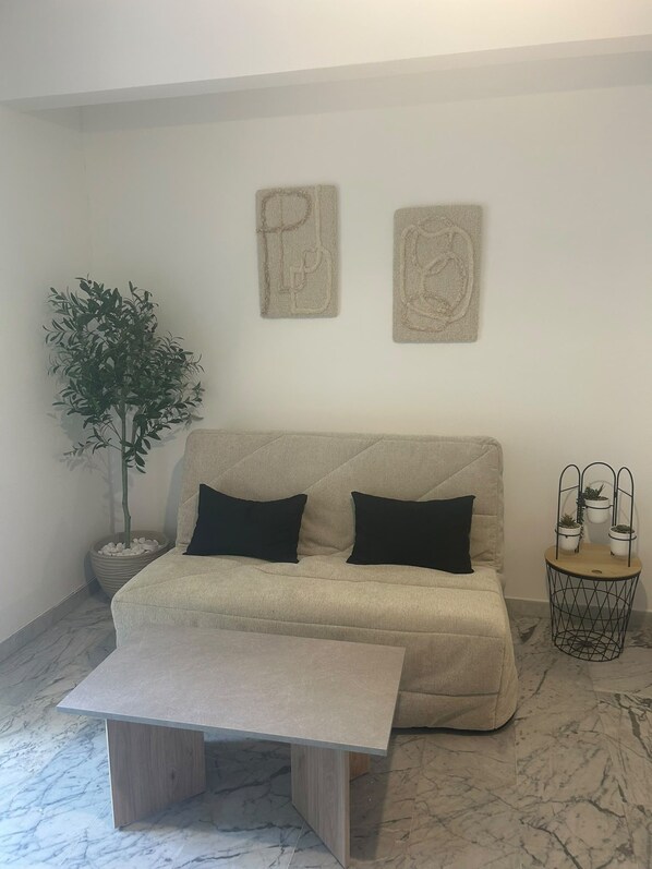A living room with a sofa, two black cushions, a coffee table, a potted plant, and a small side table with a plant.