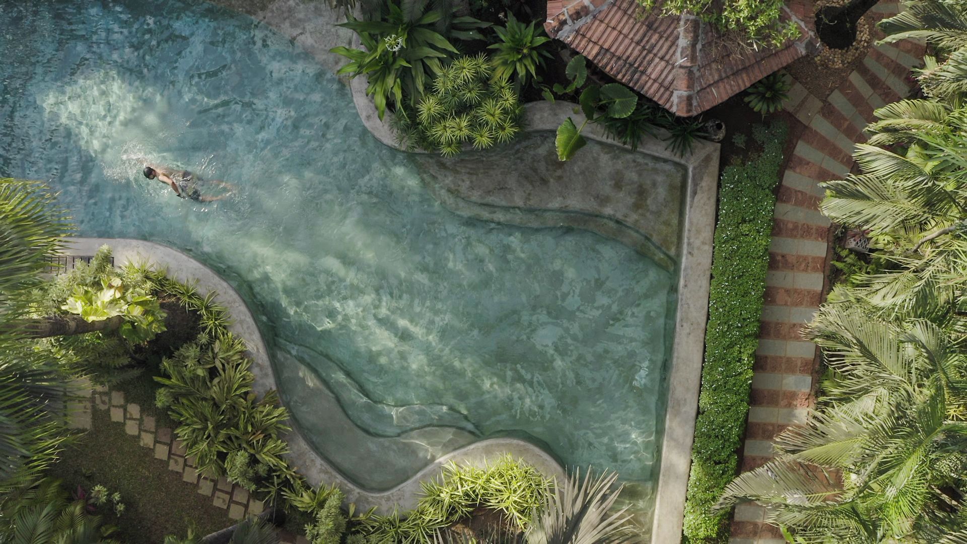 An aerial view of a swimming pool surrounded by lush greenery and a tiled roof structure.