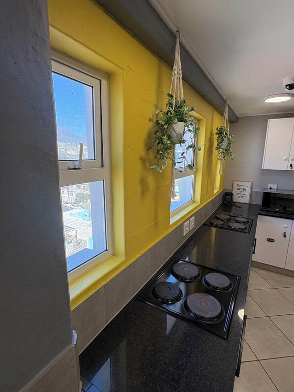 A kitchen with a yellow accent wall, a window, and a hanging plant.