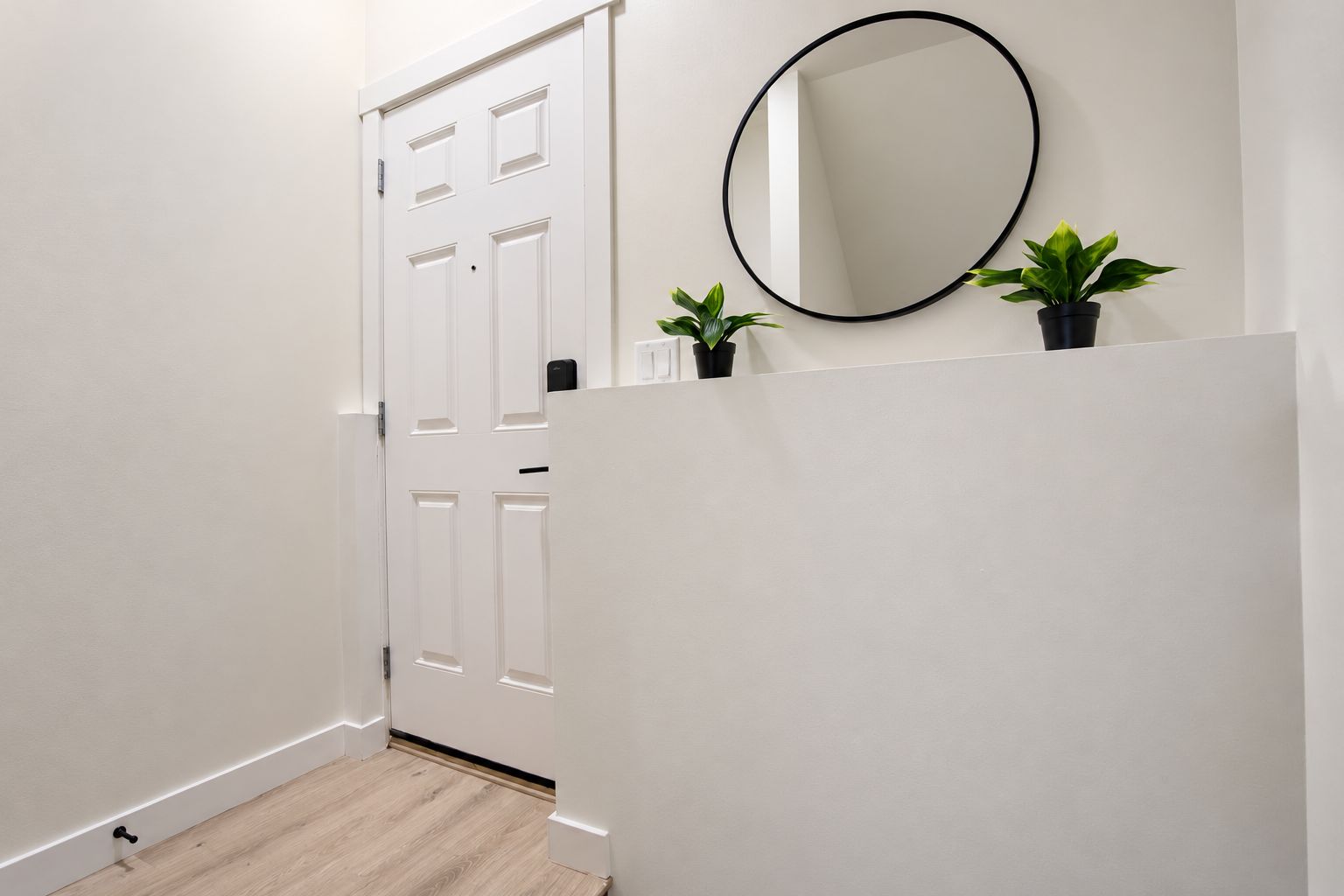A hallway with a white door, a round mirror, and two potted plants.